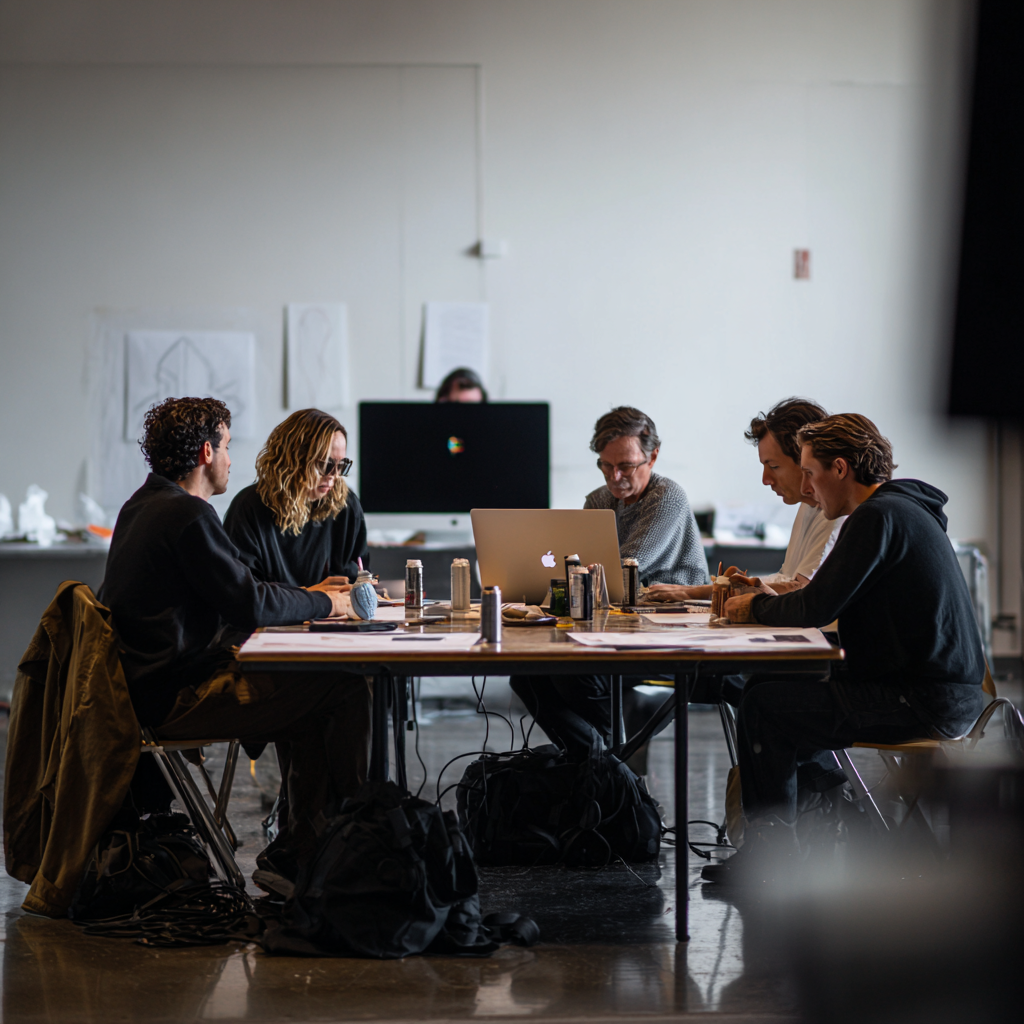 Five people sit around a table working on laptops and tablets in an office or creative workspace, with various bottles and items on the table.