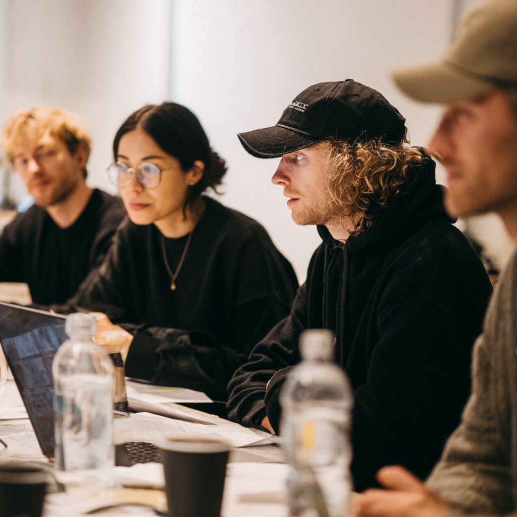 A group of young adults sitting at a table in a meeting or discussion, with laptops, water bottles, and notebooks in front of them.