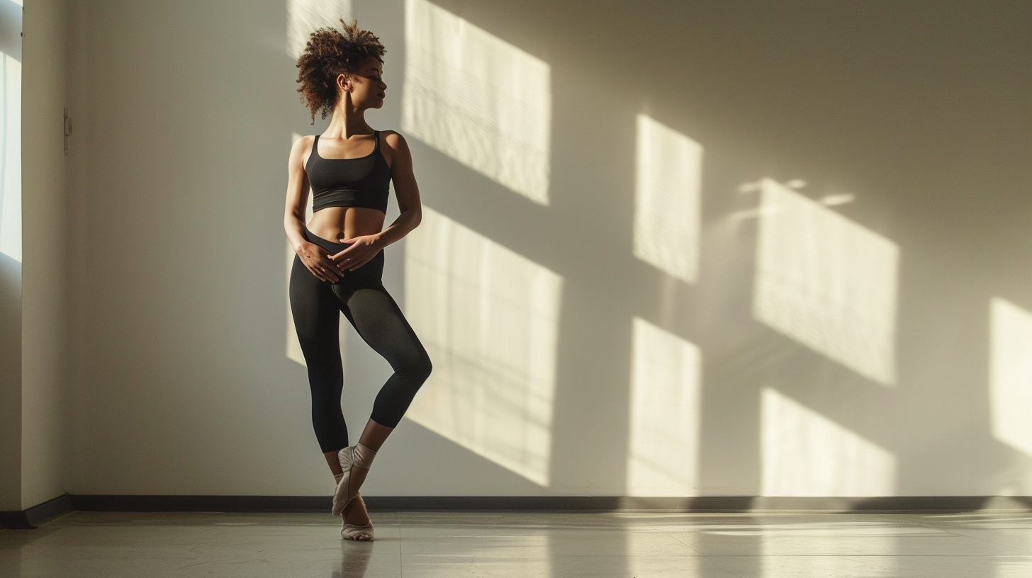 A woman in black athletic clothing practicing ballet or dance in a sunlit room with geometric shadow patterns on the wall.