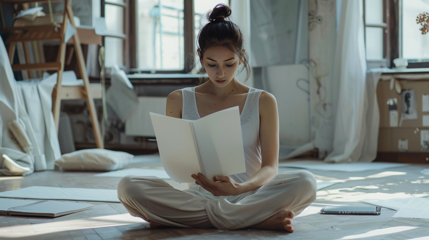 A young woman sitting cross-legged on a wooden floor in a well-lit room, reading a large white book. She has dark hair tied up in a bun, and is wearing a white sleeveless top and light-colored pants. The background shows a window, some art supplies, and furniture.