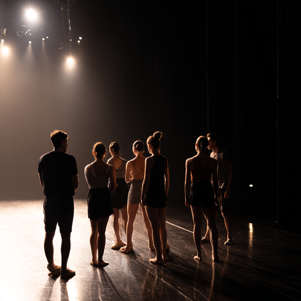 Group of dancers practicing on a dimly lit stage with bright overhead lights.