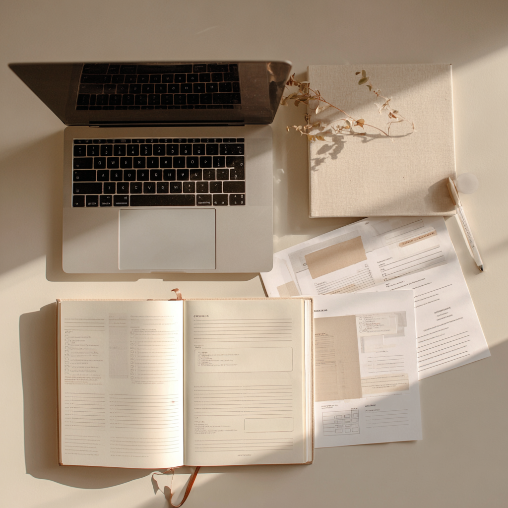 A workspace with a laptop, opened notebook, papers, a pen, a closed notebook with a dried plant on top, and a small white lamp on a white desk.