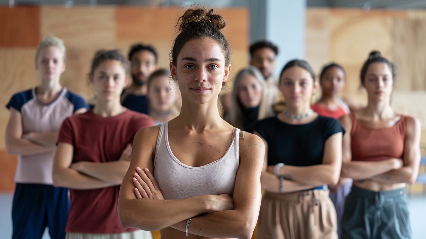 Group of diverse young women standing with arms crossed, leader in front with arms crossed inside a modern indoor space.