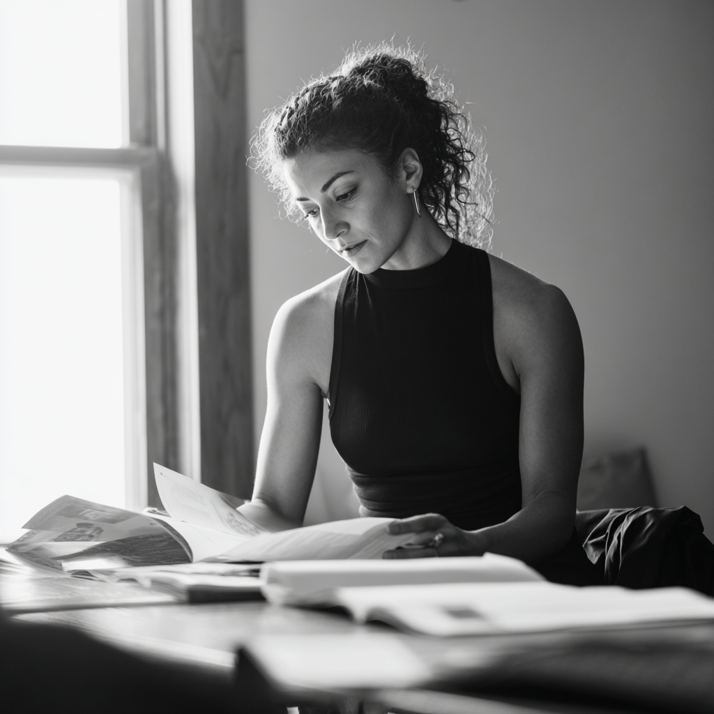 A woman with curly hair in a sleeveless top reading a magazine at a table in a room with a window.