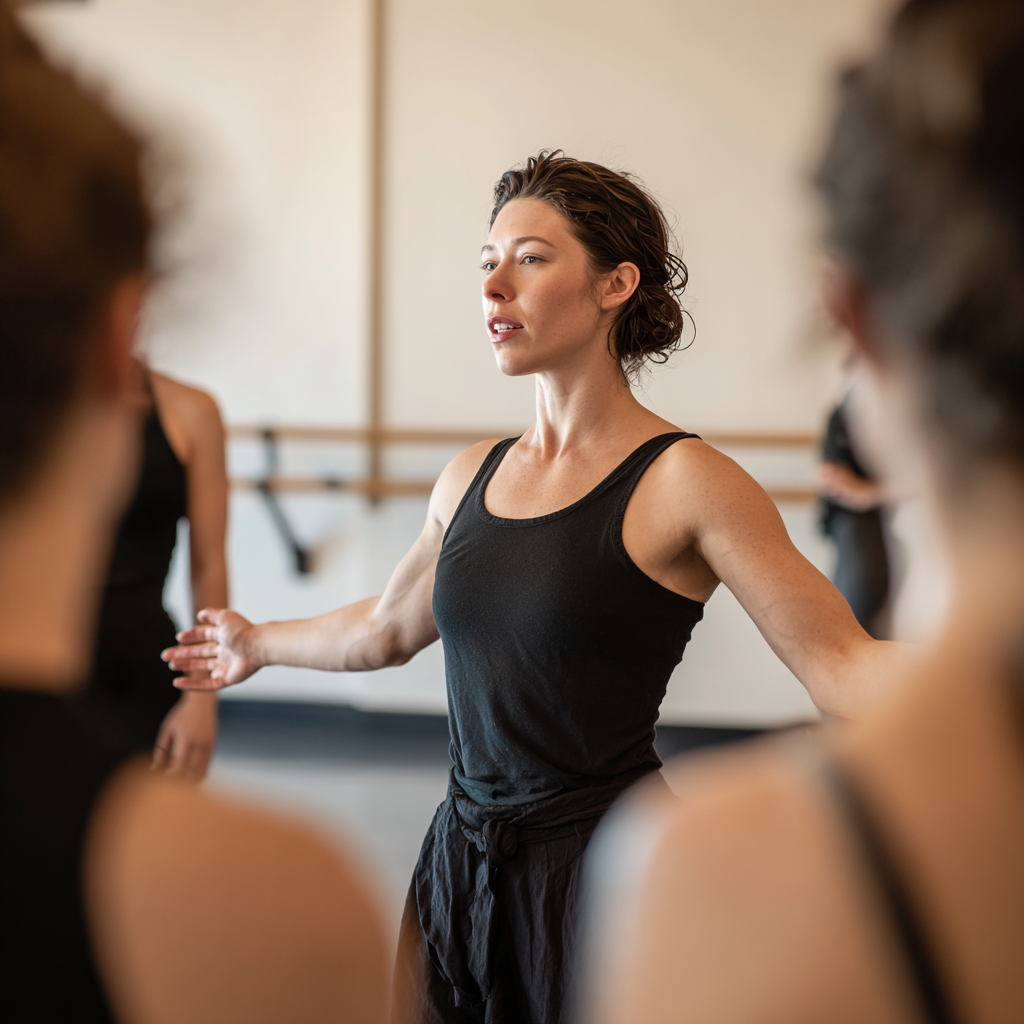 A choreographer leading a dance class in a studio, with her arms open, talking to a group of women.