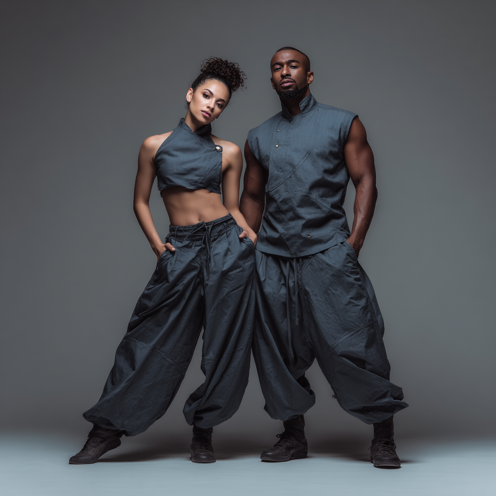 Two models, a woman and a man, pose together against a gray background. They wear matching dark, baggy, streetwear-style clothing, with the woman showing her midriff and the man with his hands in his pockets.