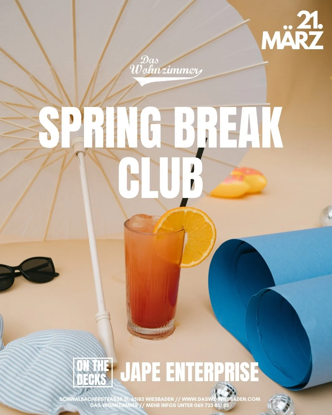 Spring Break Club.
Sex on the Beach in der Hand, Beats im Raum und kurz mal so tun, als w&auml;re Wiesbaden Miami. 🌴🍹

🎧 On the decks: the legendary Jape Enterprise
⏰ Start: 22:00Uhr