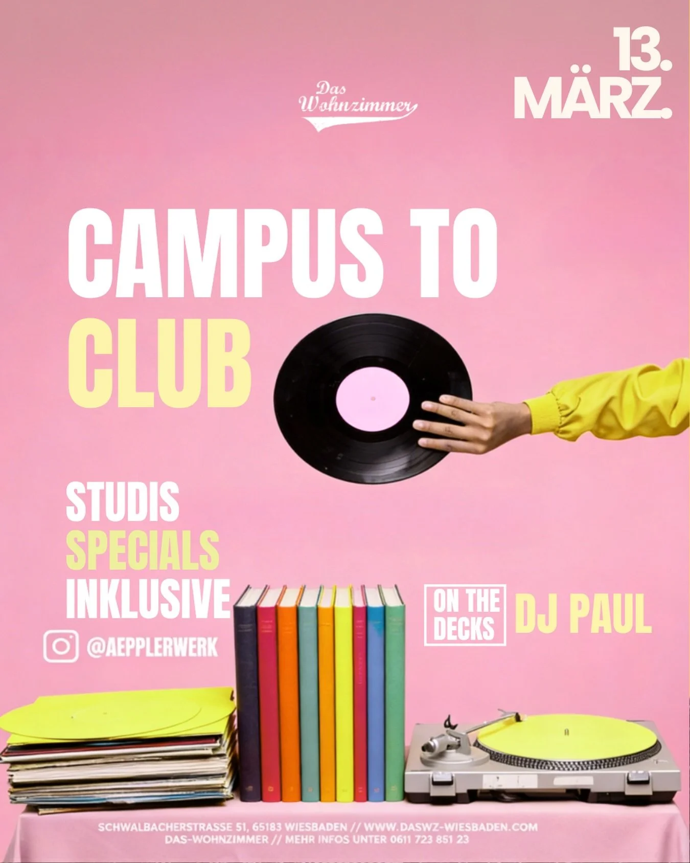 Erst Studierendenmesse, dann direkt auf den Dancefloor. 🪩
Bei unserer Clubnight mit @paulkr.dj gibt&rsquo;s den perfekten After-Messe-Vibe &ndash; mit Study-Specials und guten Beats.

#studierendenmesse #wiesbaden #clubnight #studentlife #aftermesse