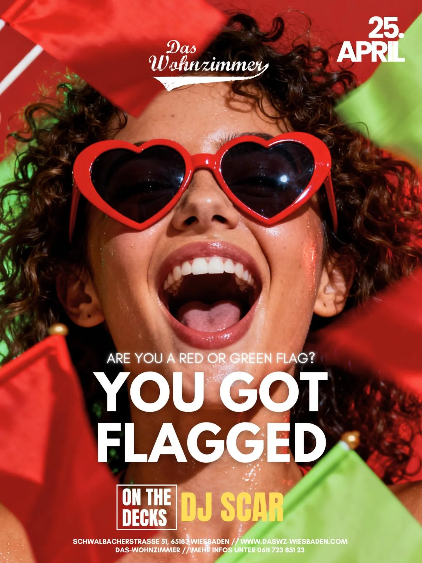 Red Flag 🚩oder Green Flag 💚 ? 
Diesen Samstag gibt&rsquo;s Klartext statt Smalltalk.
Finde raus, wer dein #Match ist und wer direkt raus ist. Flirten erlaubt, Fun garantiert.
F&uuml;r den n&ouml;tigen Sound sorgt @_djscar . 

#wiesbadenevents #wies
