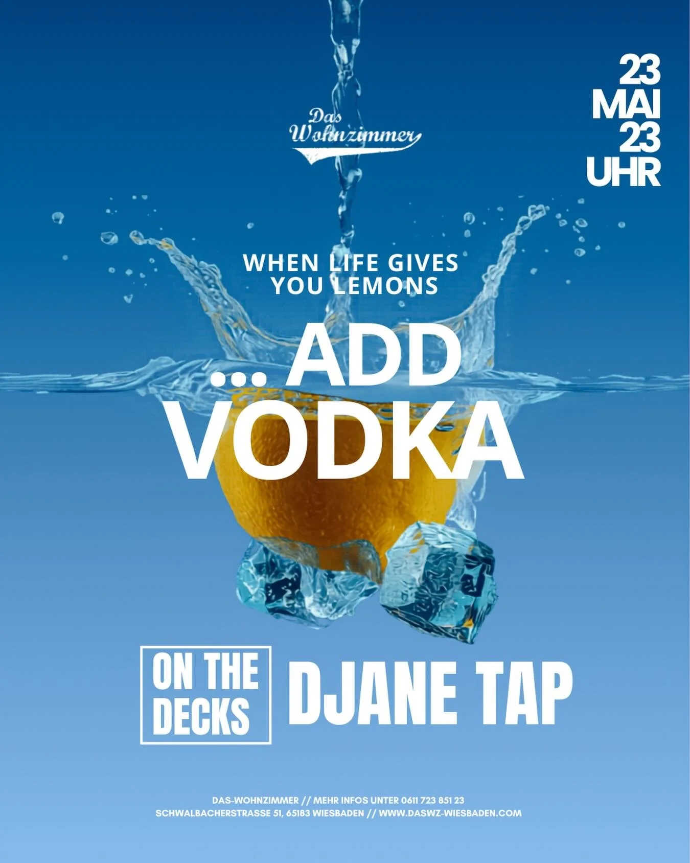 When life gives you 🍋&hellip; add Vodka.
Manchmal muss man einfach mal raus und abschalten. Daher gibt es f&uuml;r euch ein Special an diesem Samstag von uns: Alle Longdrinks 🥤mit Vodka -au&szlig;er die mit Red Bull - bis 1 Uhr f&uuml;r 7 &euro;.
F