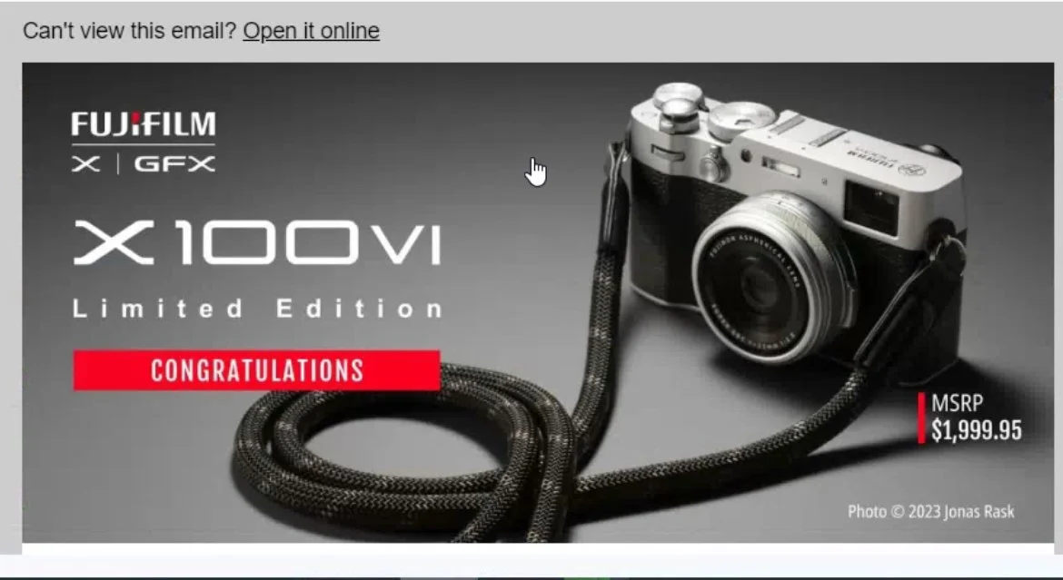 Image of a Fujifilm X100VI limited edition camera with a black and gray strap on a gray background. Text indicates it is a limited edition, with a congratulatory message in red, and lists the MSRP as $1,999.95. The photo is credited to Jonas Rask, 20