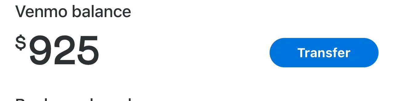 Venmo balance showing $925 with a blue transfer button