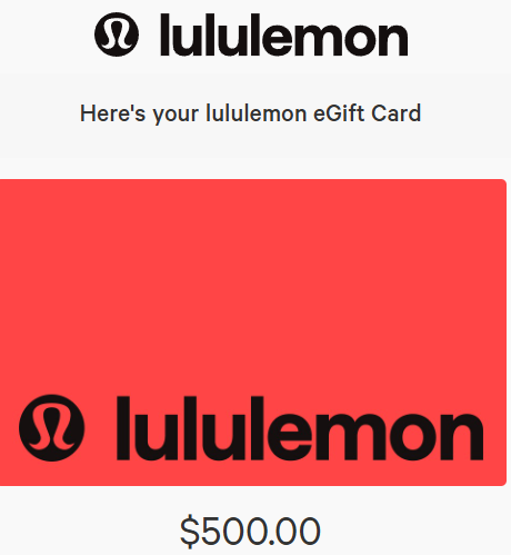 Lululemon eGift Card displaying the logo, brand name, $500.00 value, on a pink background.