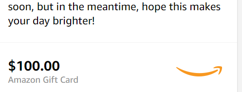 Amazon gift card displaying a value of 100 dollars with the Amazon logo and a curved orange arrow.