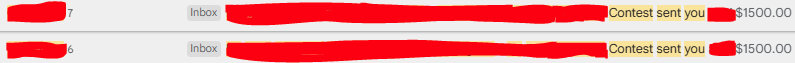 Screenshot of email inbox showing two messages with redacted sender names, labeled 'Inbox'. Each has a subject line about a contest sent you, with a monetary value of $1500.00.
