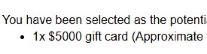 Text on a screen indicating a prize of one $5000 gift card.