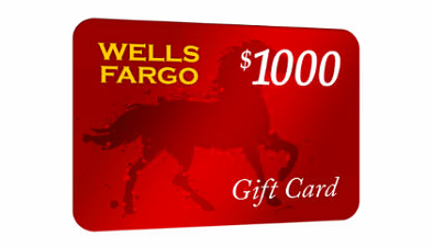 Wells Fargo $1000 gift card with a red background and a black horse logo
