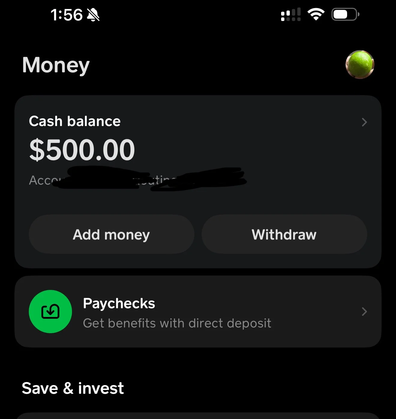 Screenshot of a mobile banking app showing a cash balance of $500.00, with options to add money or withdraw, and a section for paychecks and saving & investing.