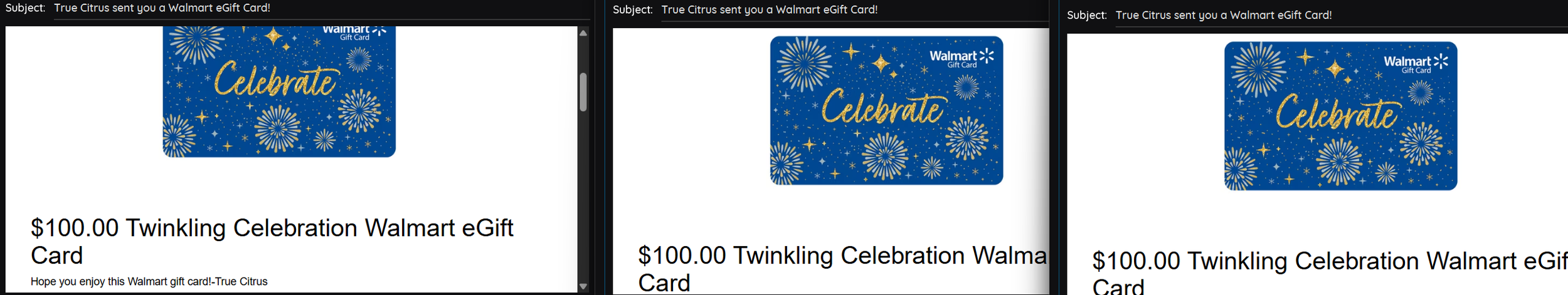 Walmart eGift Card with a blue background decorated with yellow and white fireworks and stars, with the word 'Celebrate' written in yellow.