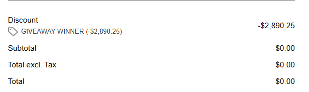 A receipt showing a discount of $2,890.25 from a giveaway winner, with a subtotal, tax, and total all totaling $0.00.