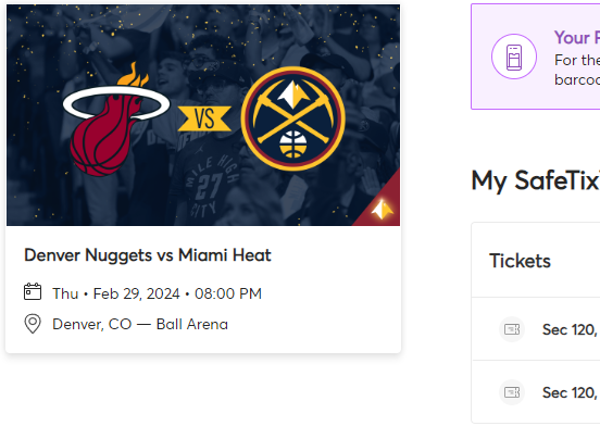 Ticket for a basketball game between the Denver Nuggets and Miami Heat, scheduled for February 29, 2024, at 8:00 PM at Ball Arena in Denver, Colorado. The ticket features team logos and a background image of basketball fans.