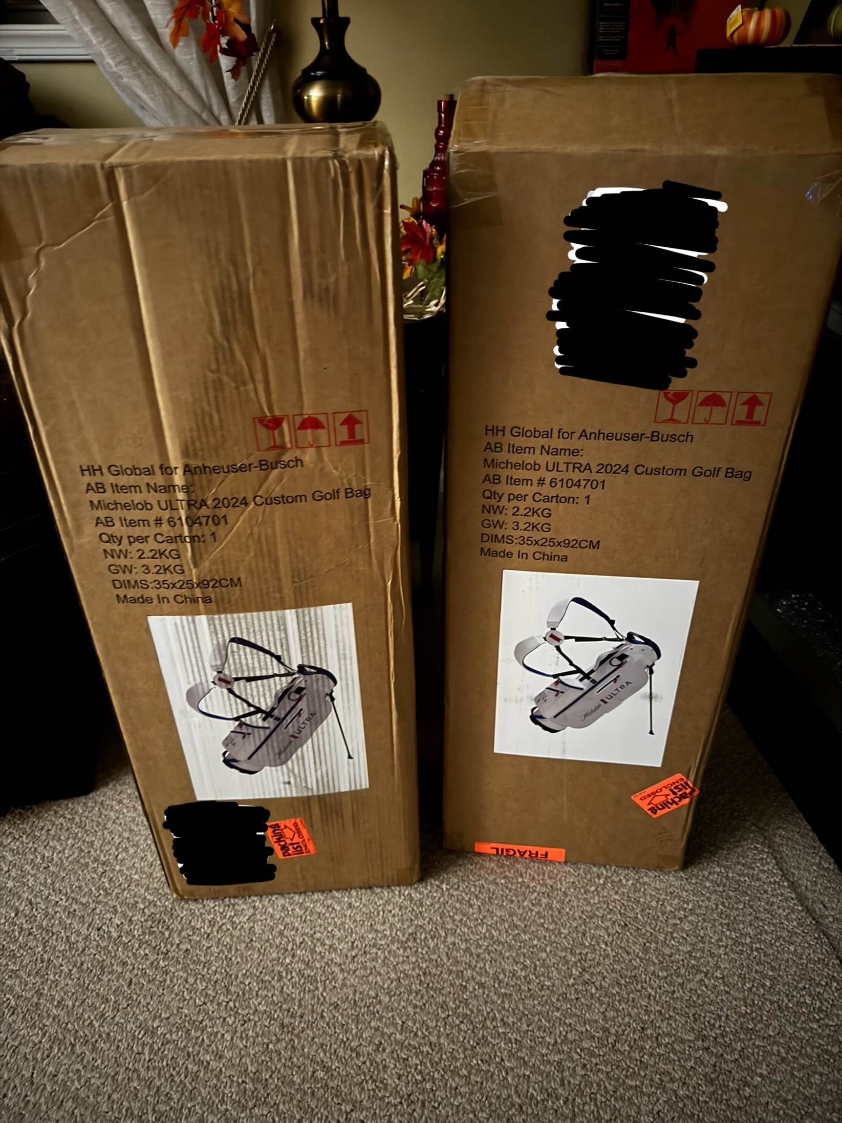 Two large cardboard boxes labeled as golf bags, each with a picture of a golf bag on them, placed on a carpeted floor in a room with a window, curtain, and decorative items in the background.
