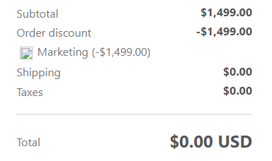 Screenshot of an online order receipt showing subtotal of $1,499.00, a promotion discount of -$1,499.00, resulting in a total of $0.00.