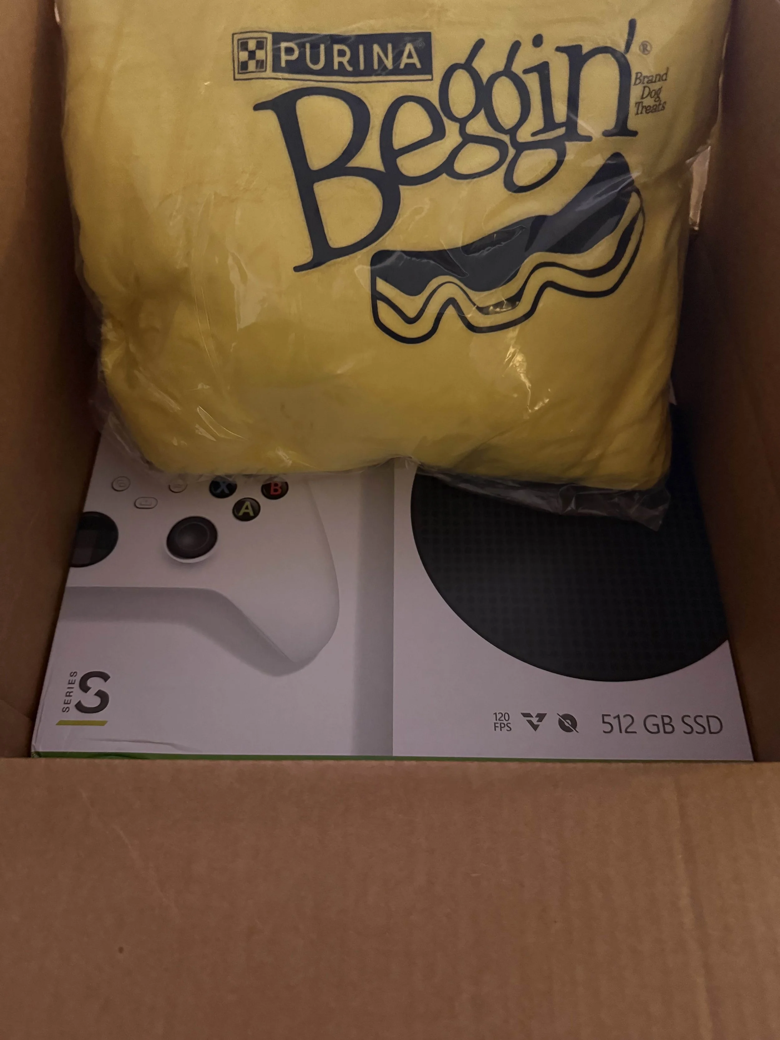 A cardboard box containing a bag of Purina Beggin' brand dog treats and a white Xbox Series S video game console with a black controller and a 512 GB SSD.