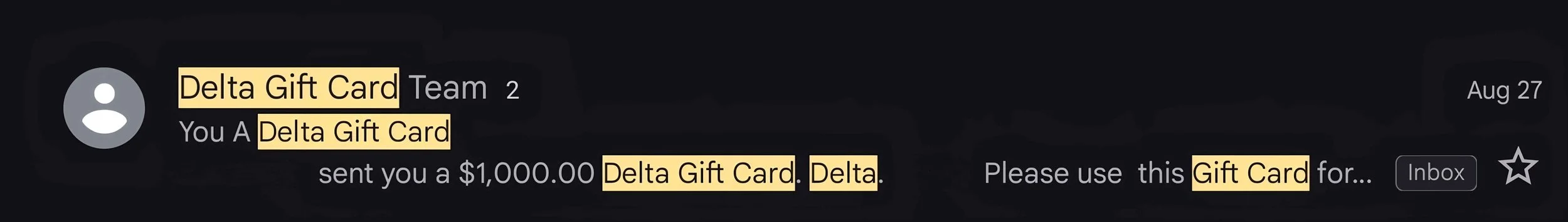 Screenshot of an email showing an Amazon gift card message for a $1,000.00 Delta Gift Card.