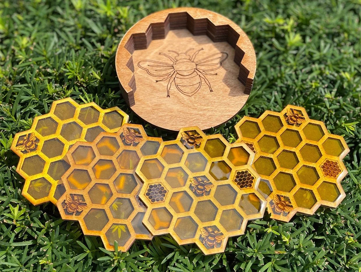Honeycomb Bee Coaster Set - Wood + Resin