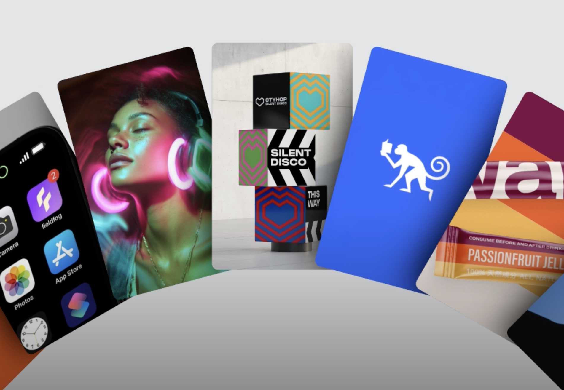 A collection of various digital images and product packages, including a smartphone screen, a woman with glowing headphones, colorful posters, and food packaging.