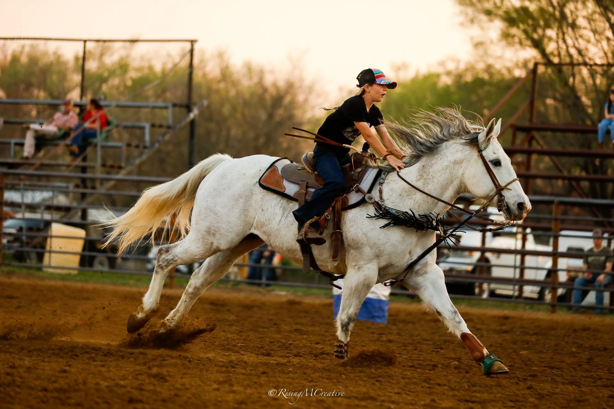 A young woman riding a white horse at a rodeo, with spectators in the background, during sunset.