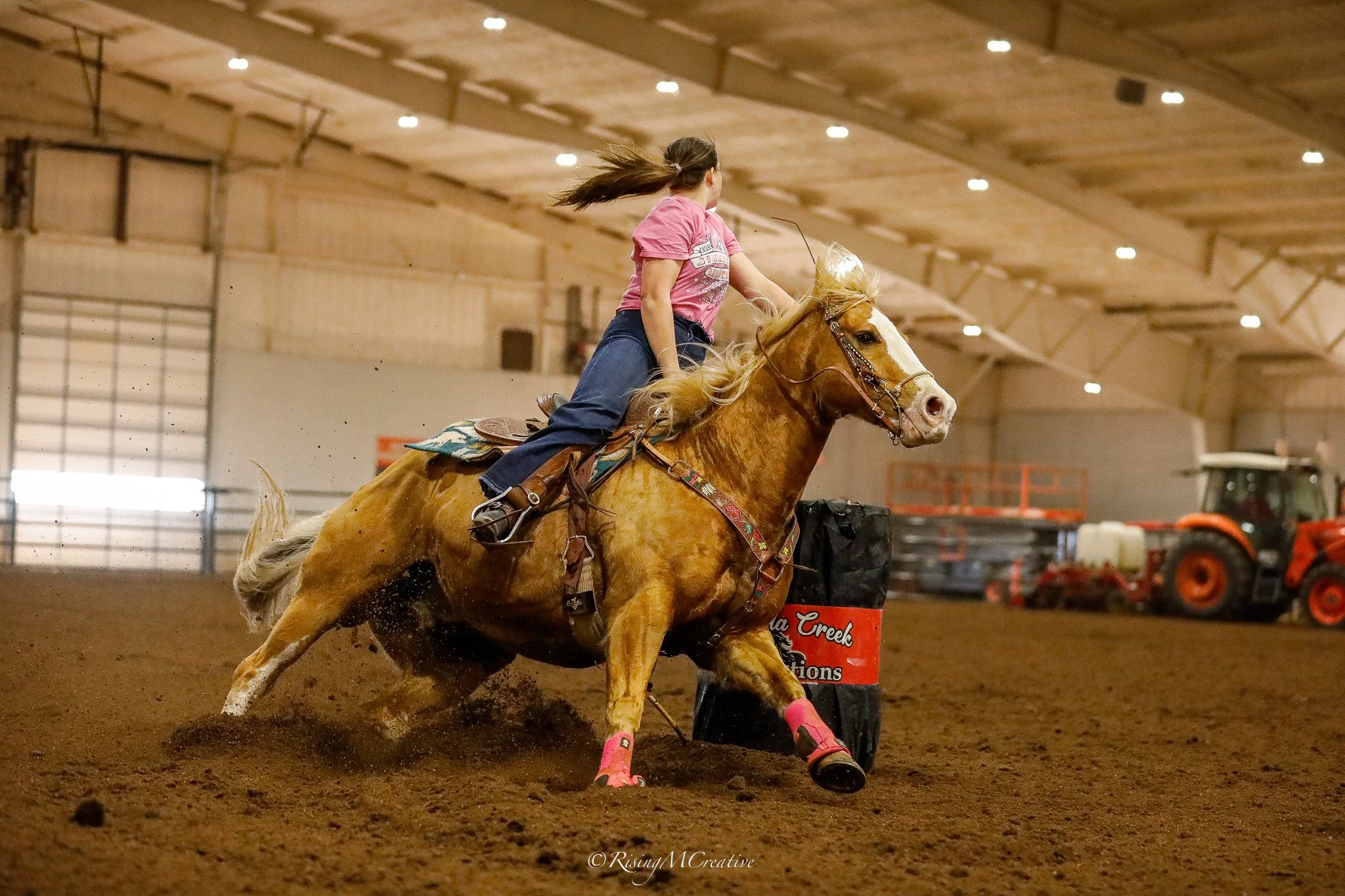 A woman in a pink shirt and blue jeans rides a galloping horse inside an indoor arena, with shearing black fencing and red equipment in the background.
