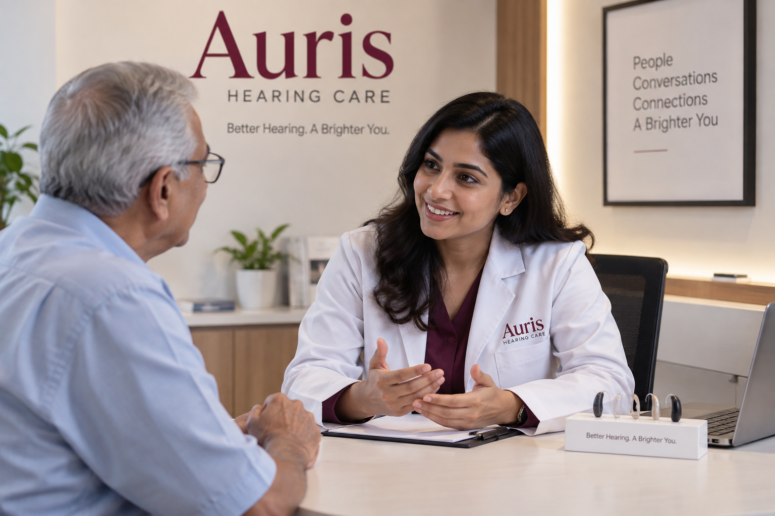 A healthcare professional, a woman with dark hair wearing a white coat branded 'Auris Hearing Care,' is sitting at a desk and smiling while talking to an older man with gray hair and glasses. The office has a sign and framed wall art with text, and there are hearing aids on display on the desk.