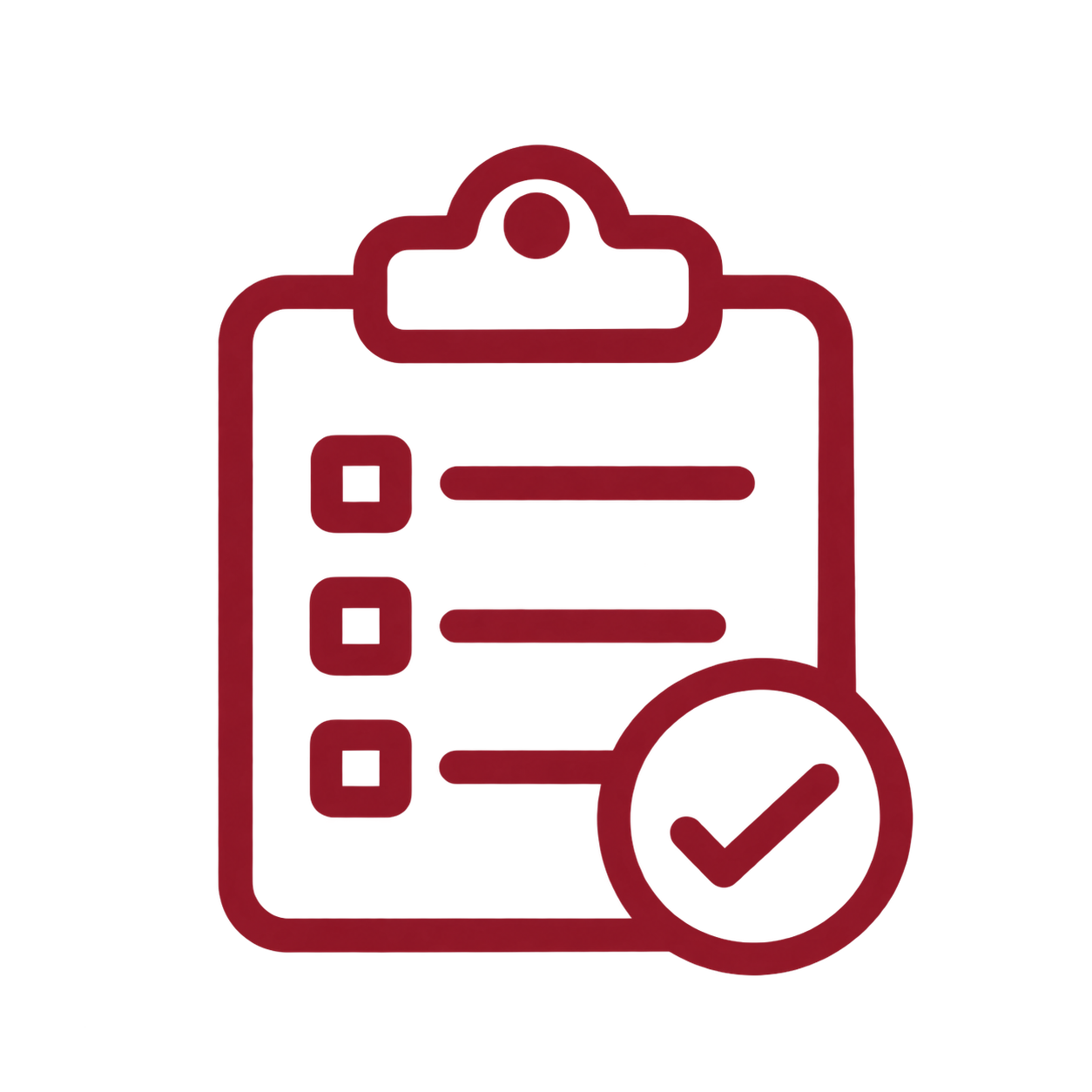 Outline of a checklist on a clipboard with a check mark icon indicating completion.