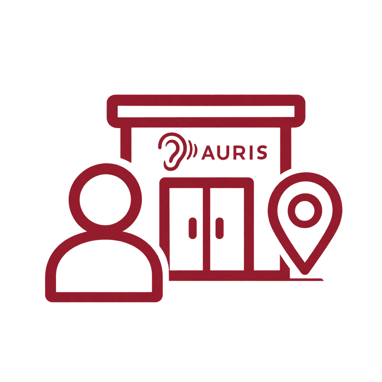 Outline of a person, a storefront with a steaming cup icon and 'AURIS' text, and a location pin icon, representing healthcare or pharmacy services.
