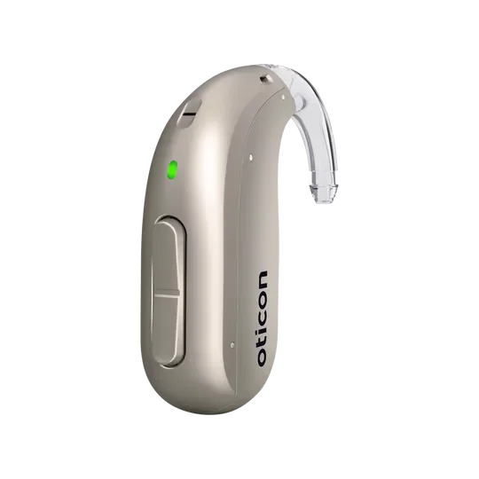 A hearing aid device with the brand name 'Oticon' displayed on the side.