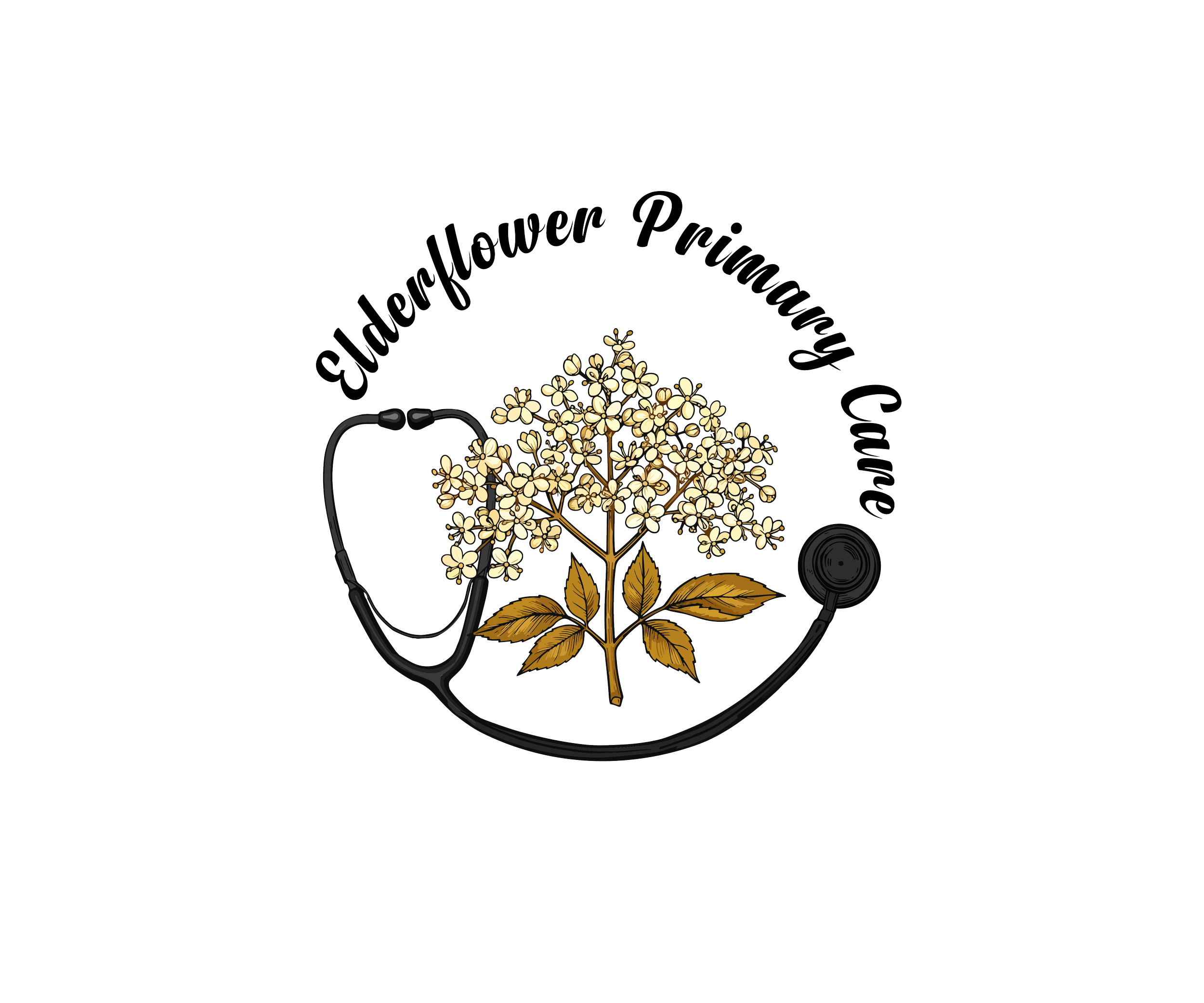 Logo for Elderflower Primary Care featuring a stethoscope and elderflower plant with text "Elderflower Primary Care"