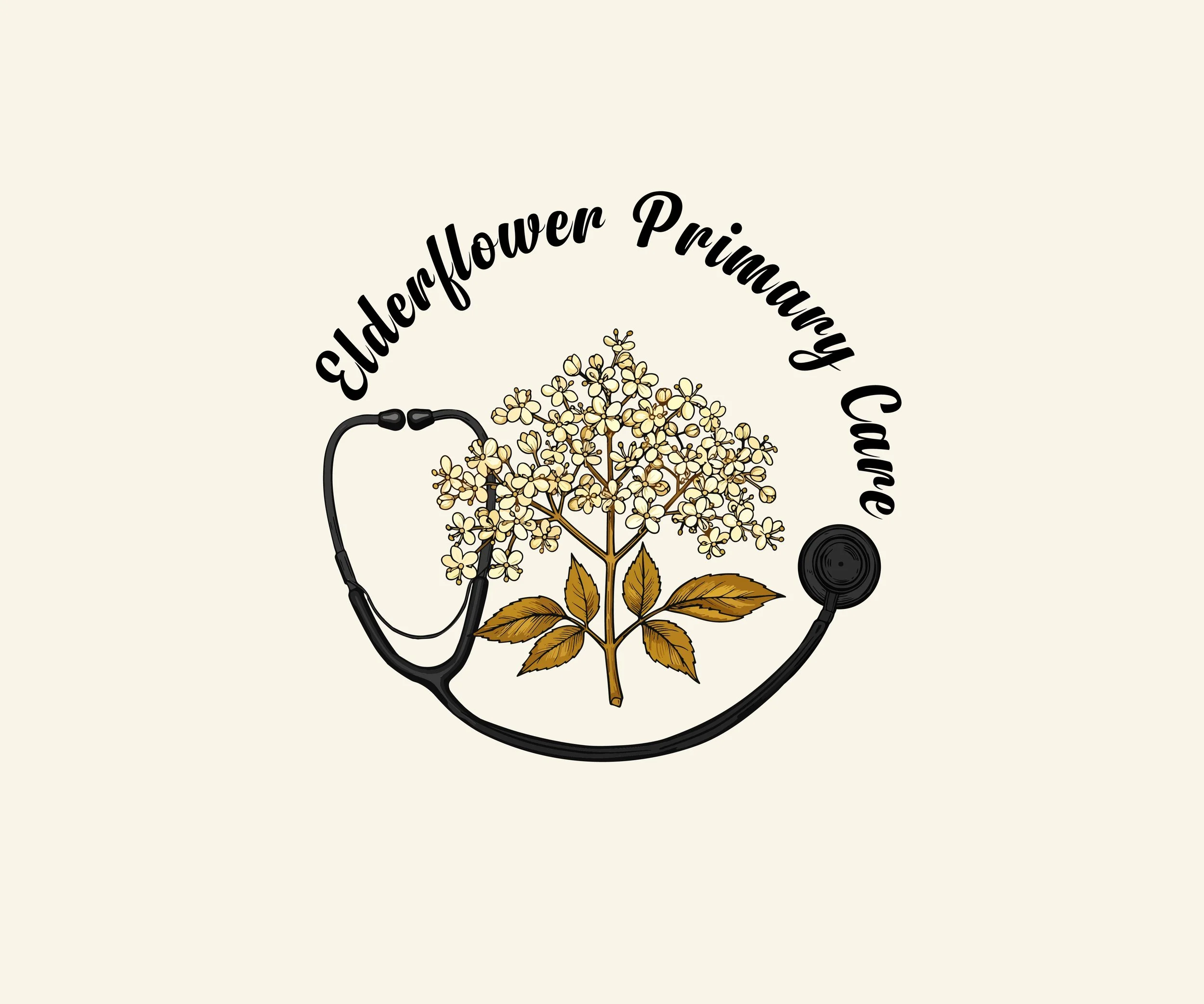 A logo with a family tree of elderflower blossoms, a stethoscope, and the text 'Elderflower Primary Care' in a curved font.
