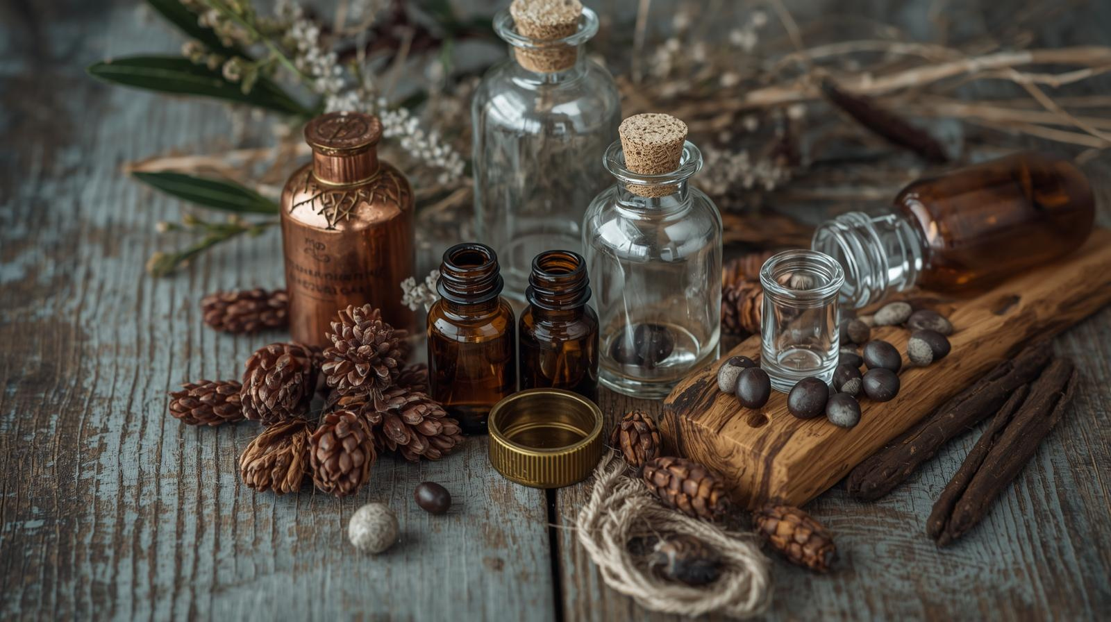 Assorted bottles, jars, pinecones, stones, and dried herbs or flowers on a wooden surface, arranged artistically.