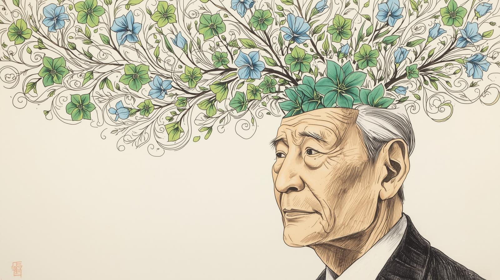 A detailed illustration of an elderly man with gray hair, looking thoughtfully, with a creative, botanical art-style tree with blue flowers and green leaves emerging from his head.