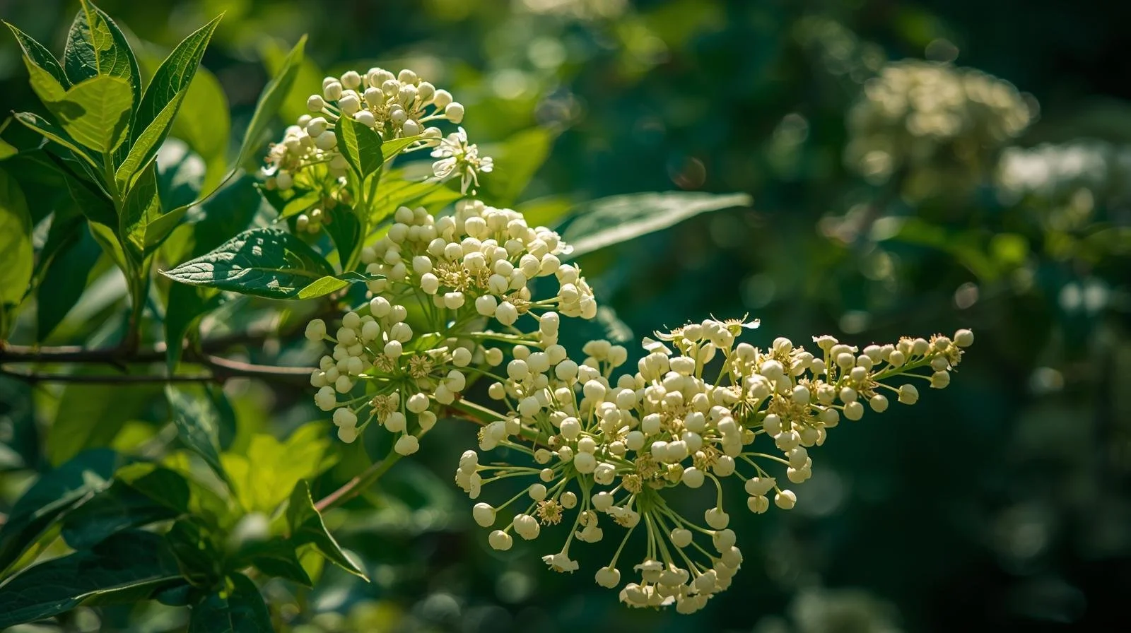 White flowers blooming on a green shrub with sunlight filtering through the leaves.