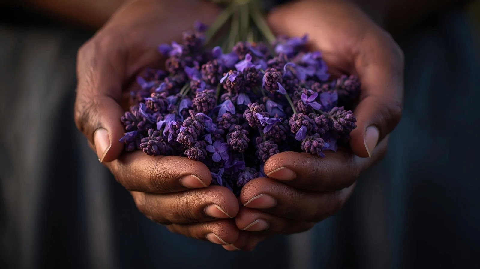 Two hands holding bunches of purple lavender flowers.