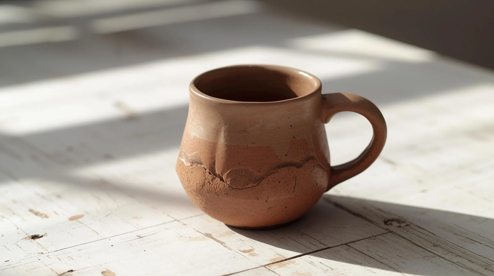 A broken terracotta mug on a white wooden surface with sunlight and shadows.