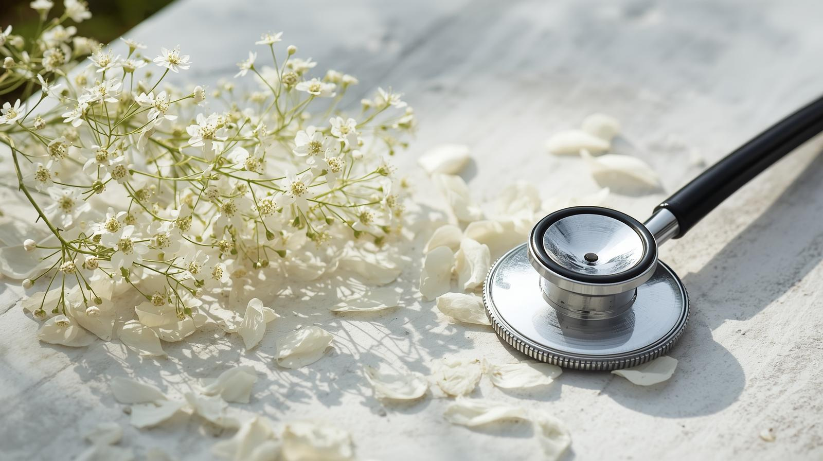 A stethoscope on a white surface with white flower petals and a cluster of small white flowers.