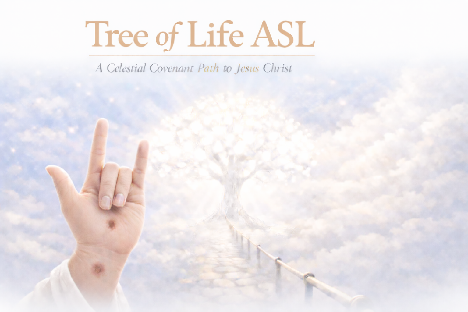 Jesus Christ making the ASL “ILY” handshape with visible nail marks, standing before the Tree of Life and the iron rod from Lehi’s dream and Nephi’s vision.