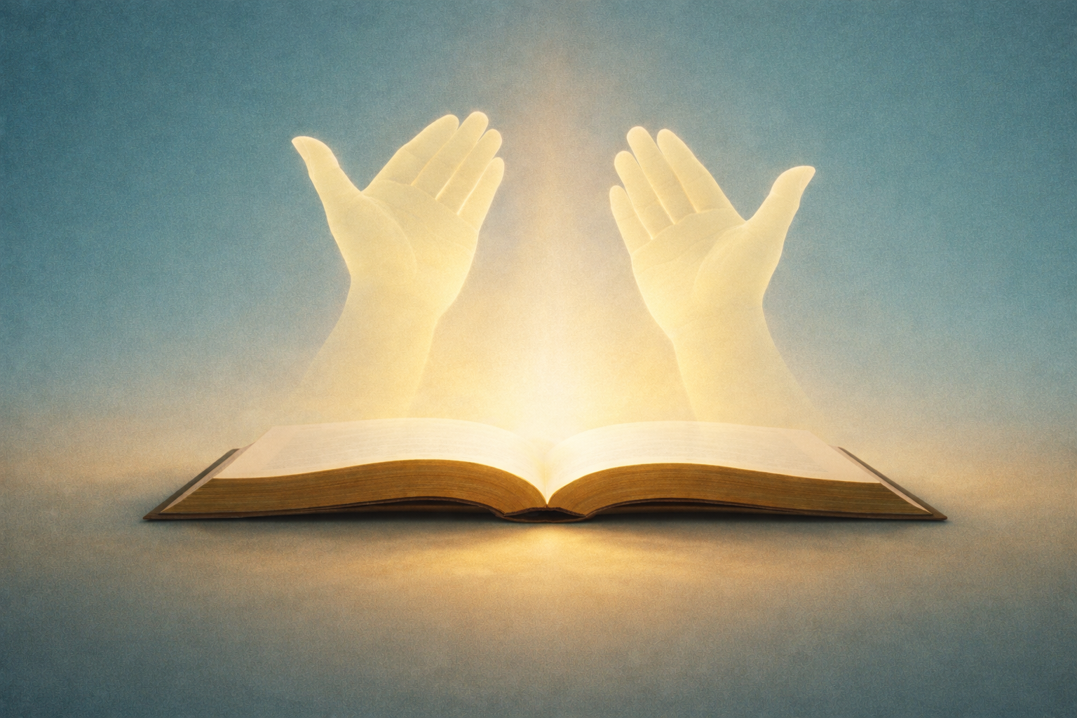 An open book with glowing, ethereal hands emerging from its pages, set against a soft, gradient background.