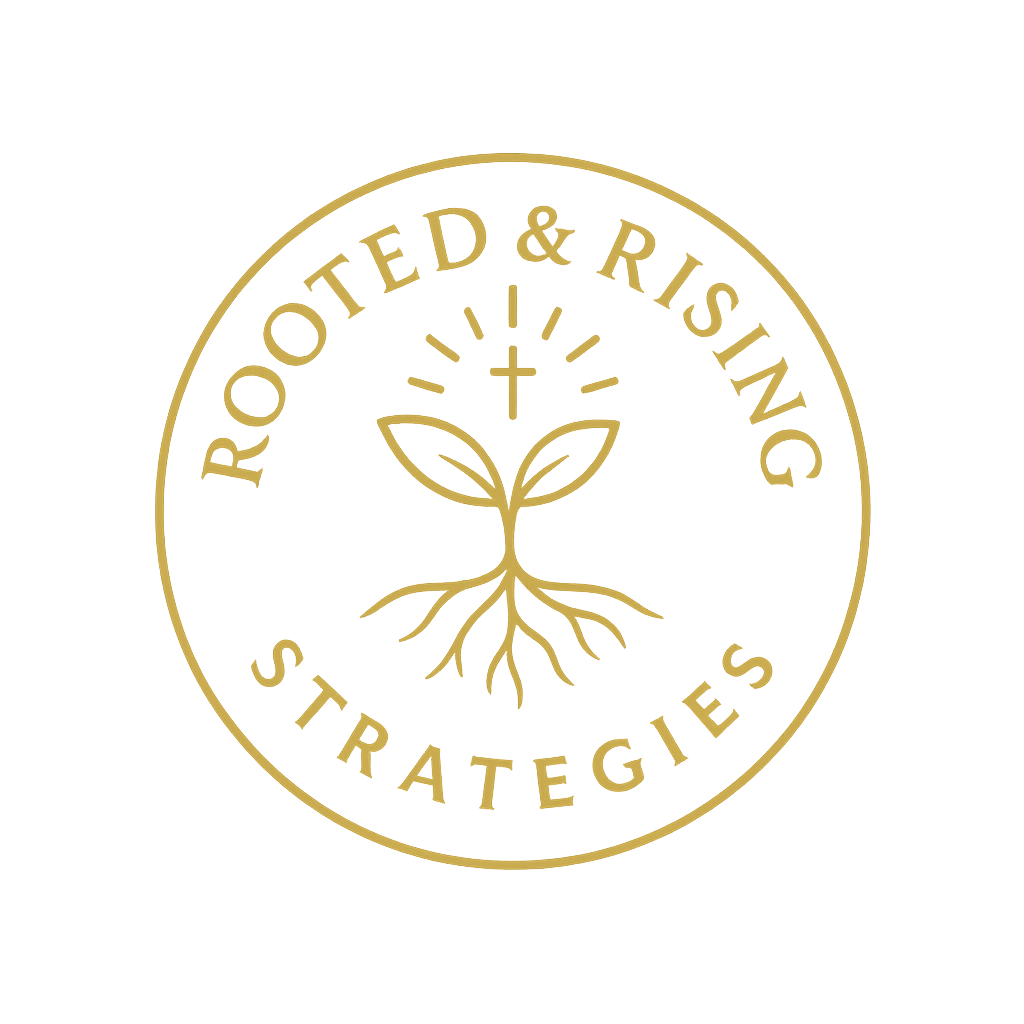 rooted and rising strategies logo with cross and leaf with roots