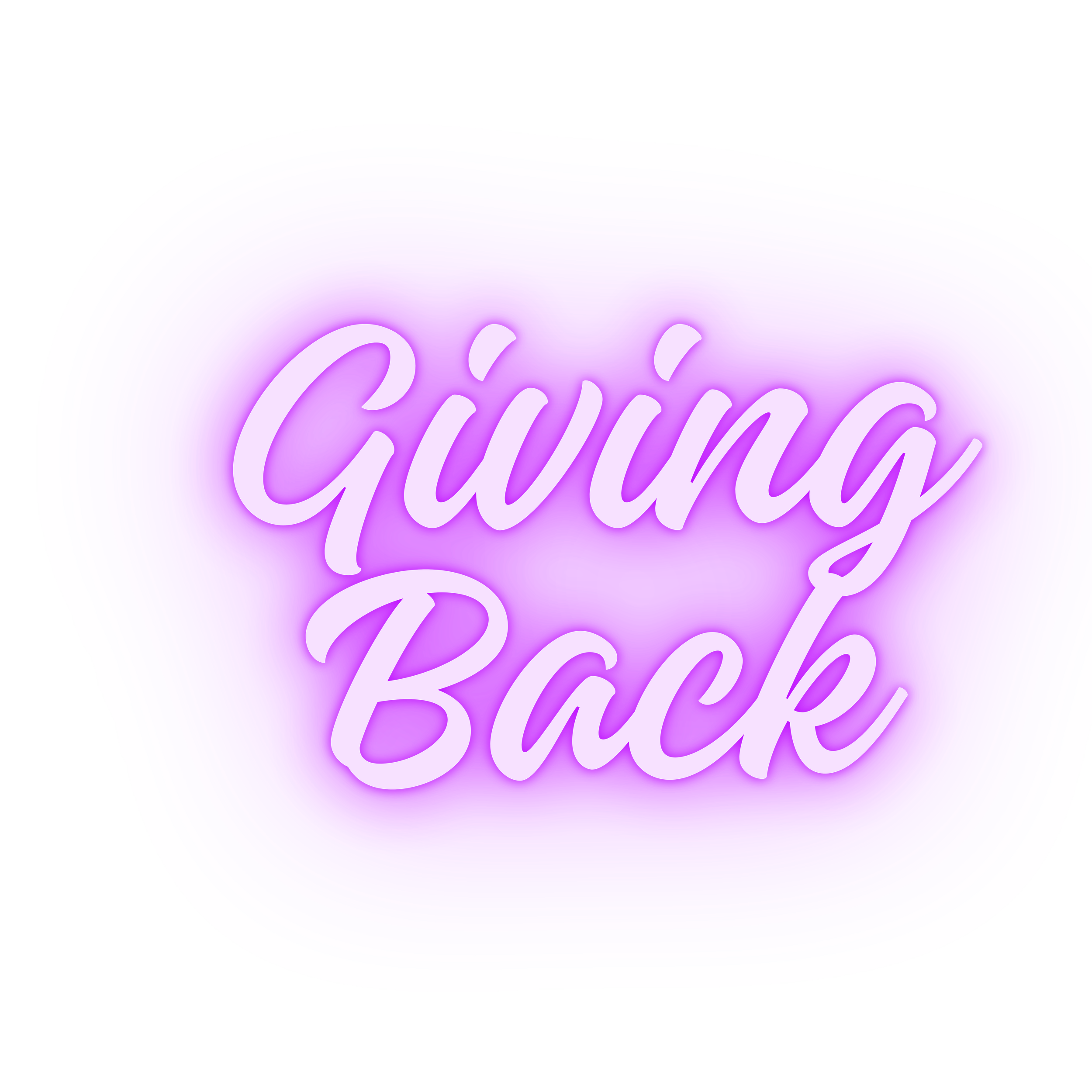 Neon sign with the words 'Giving Back' in white cursive lettering on a purple and pink glowing background.