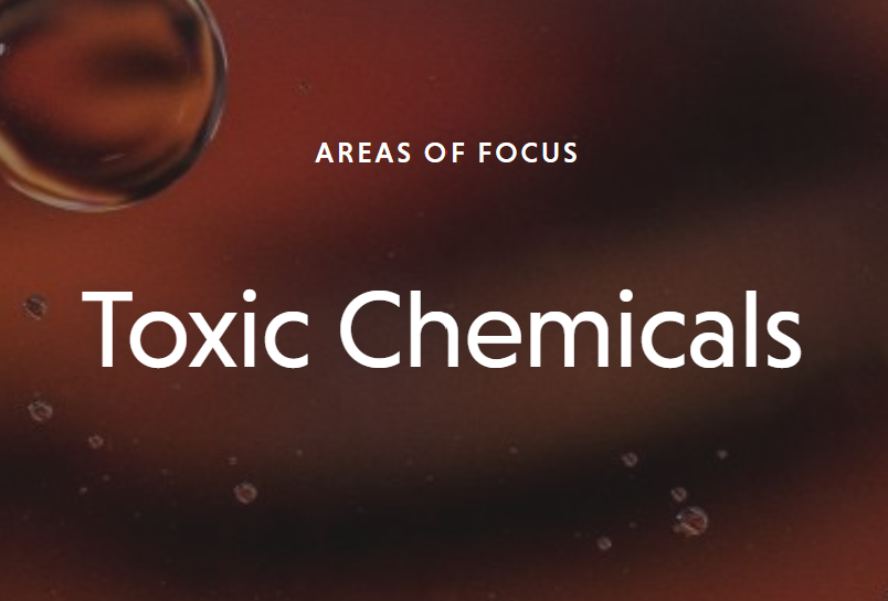 Text overlay reading "Areas of Focus" and "Toxic Chemicals" on a dark, brownish background with bubbles or droplets.